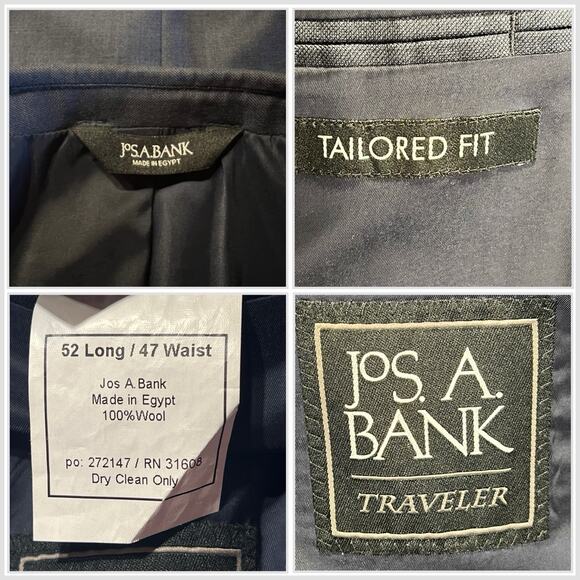 Jos A Bank Traveler Mens 52L 40x32 Solid Navy Blue 2 Piece Suit Tailored Fit - Picture 16 of 16